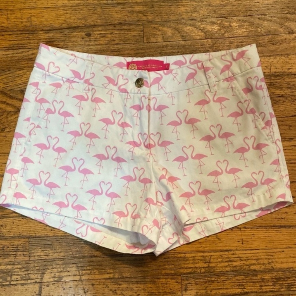 Macbeth collection white flamingo print cotton shorts